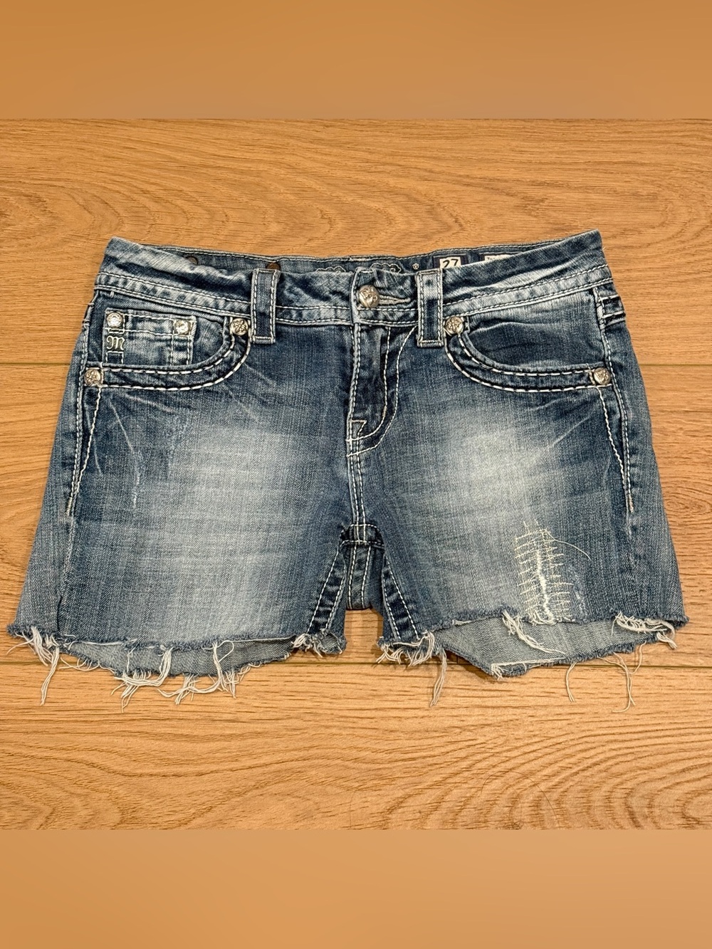 Y2K MissMe Denim Size 27 Rhinestone Cutoff Easy Shorts Embroidered Pockets Blue
